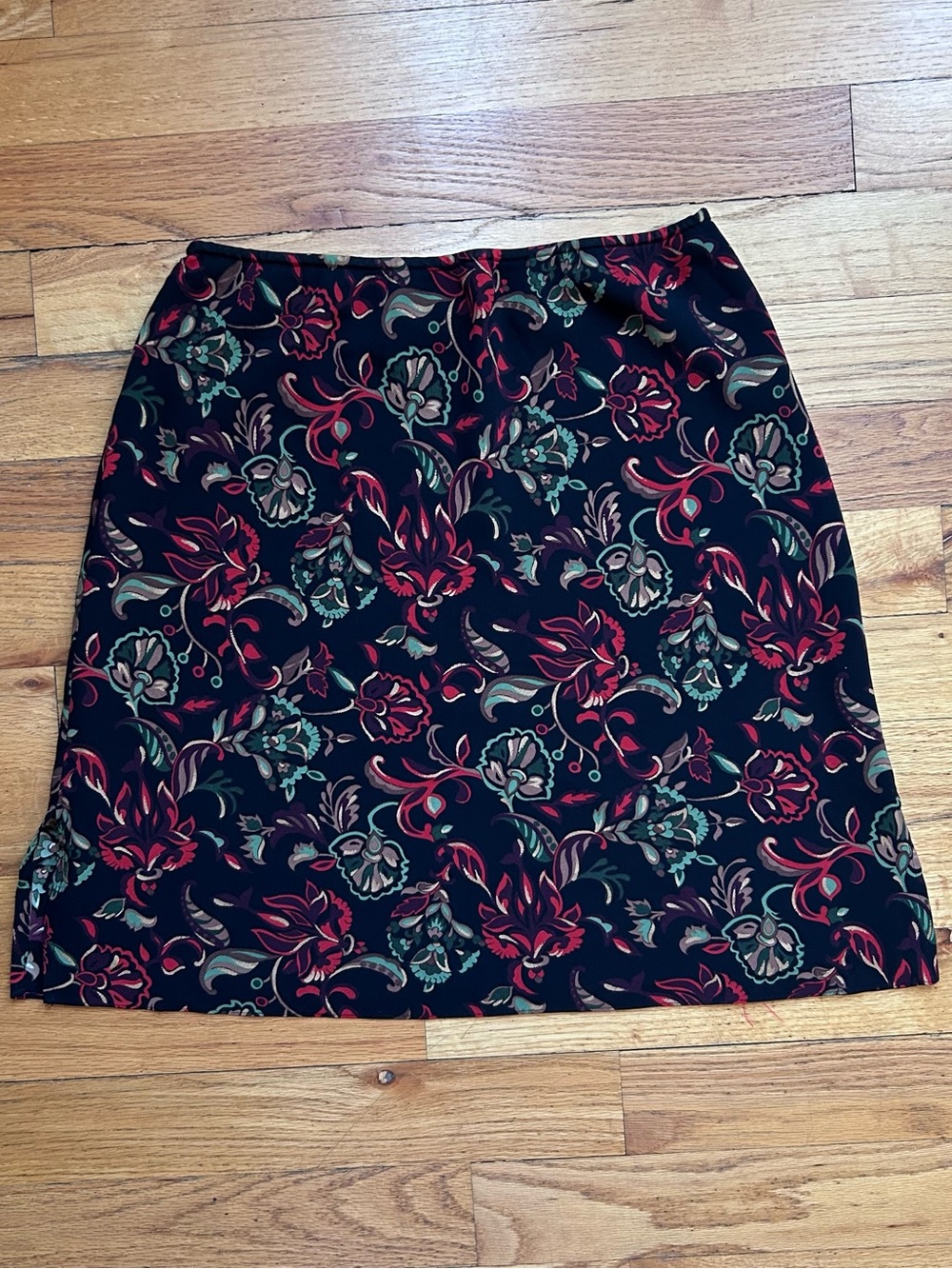 New York & Company Black Pencil Skirt with Red and Green Floral Motif